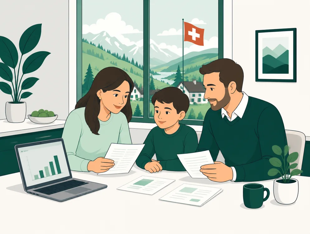 Familie am Tisch mit Unterlagen und Laptop