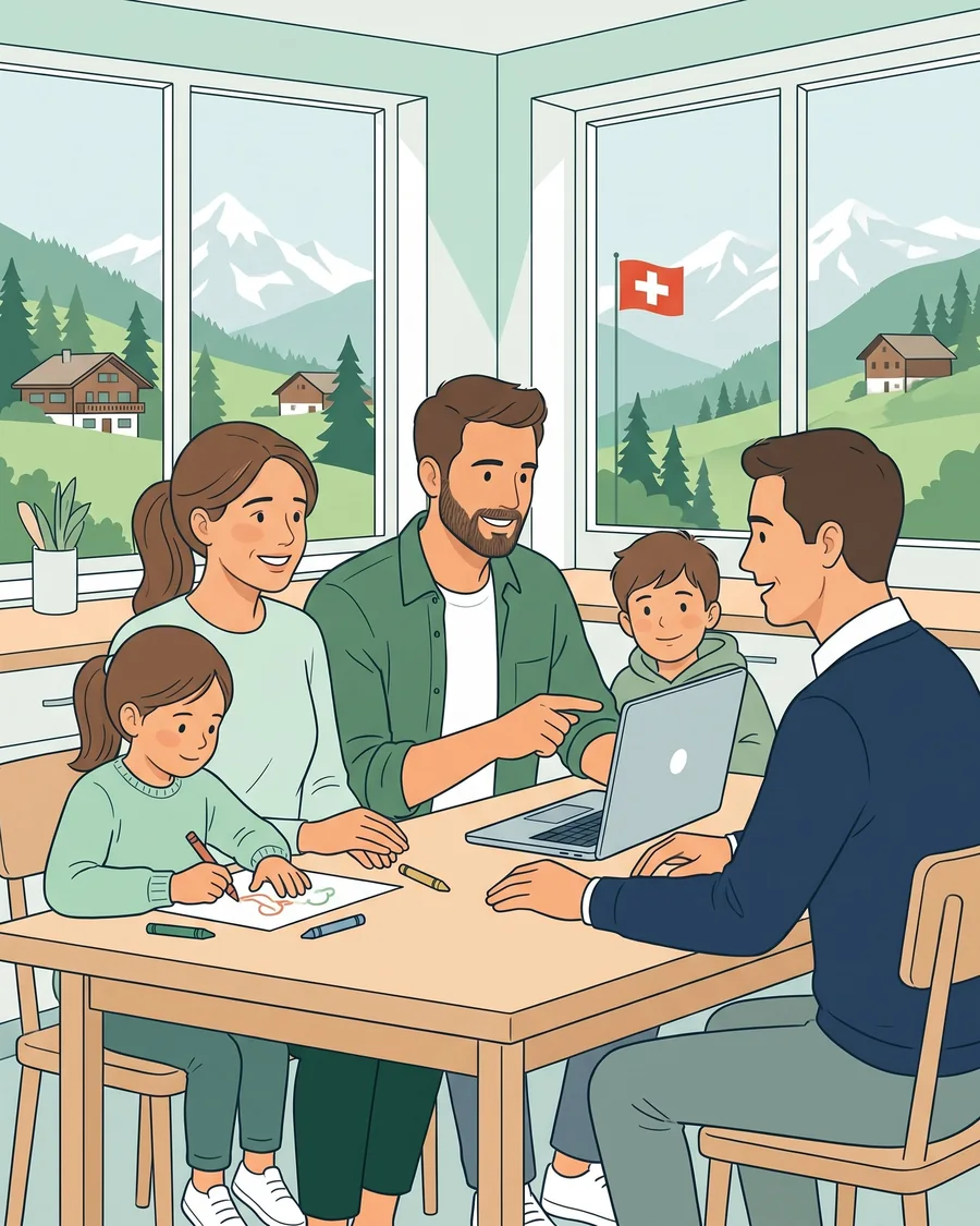 Berater von kk-schweiz zeigt einer Familie am Küchentisch den Prämienvergleich auf dem Laptop