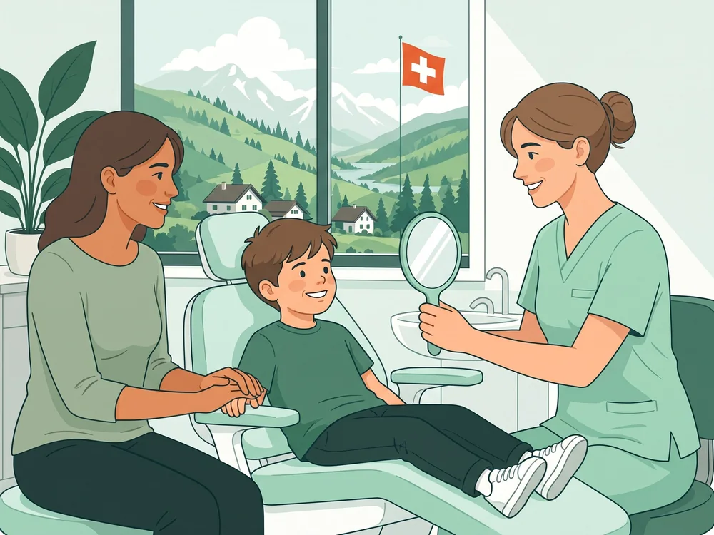 Bub lacht im Zahnarztstuhl, die Mutter hält seine Hand